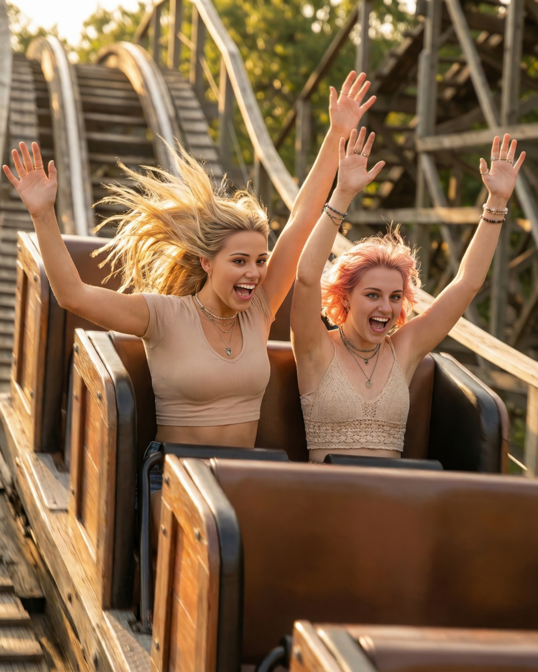 Lairissa Lee and Louise laughing with hands raised on a roller coaster ride at Silver Dollar City