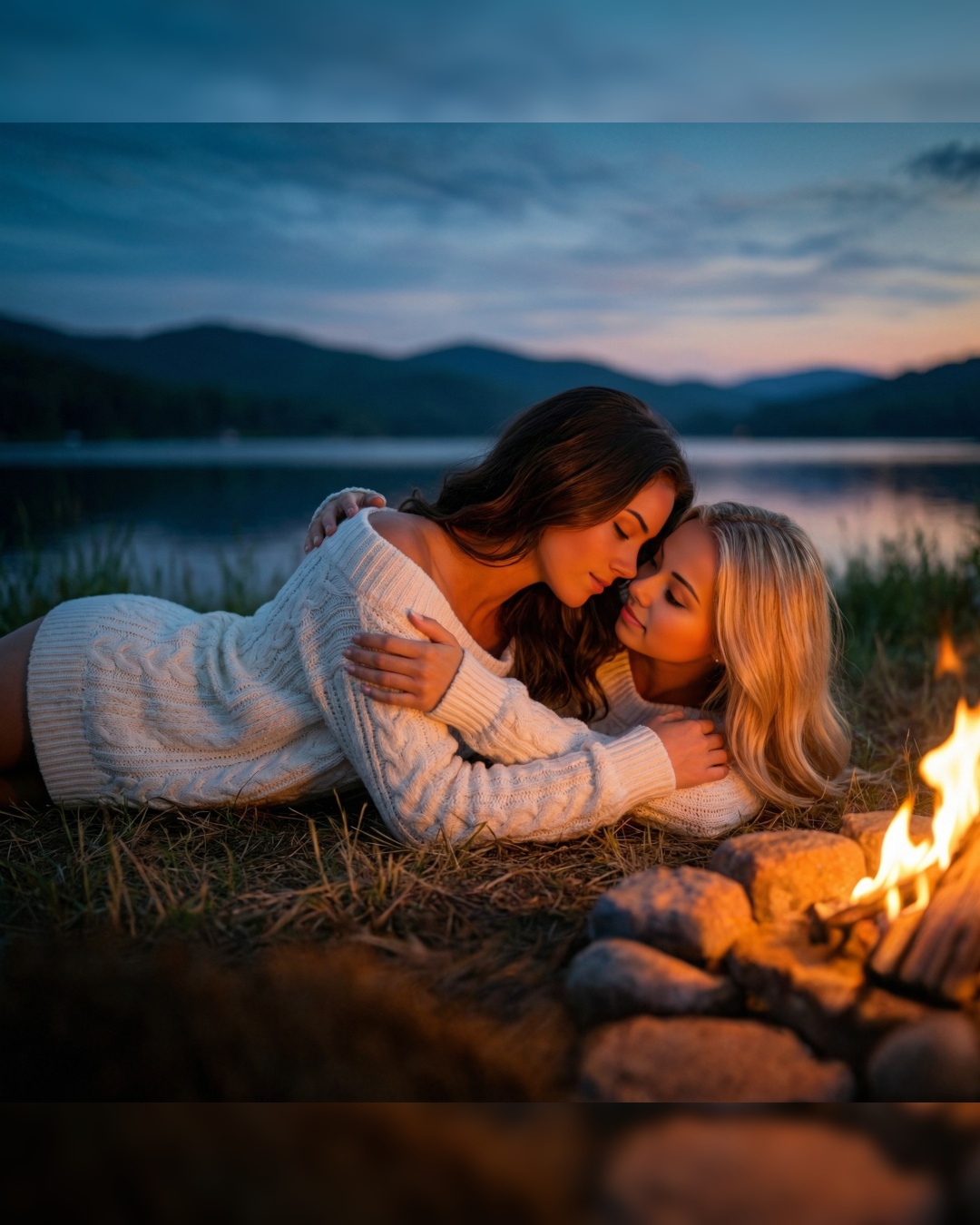Lairissa Lee and Marcie Beau relaxing beside a campfire at Table Rock Lake as the evening settles in