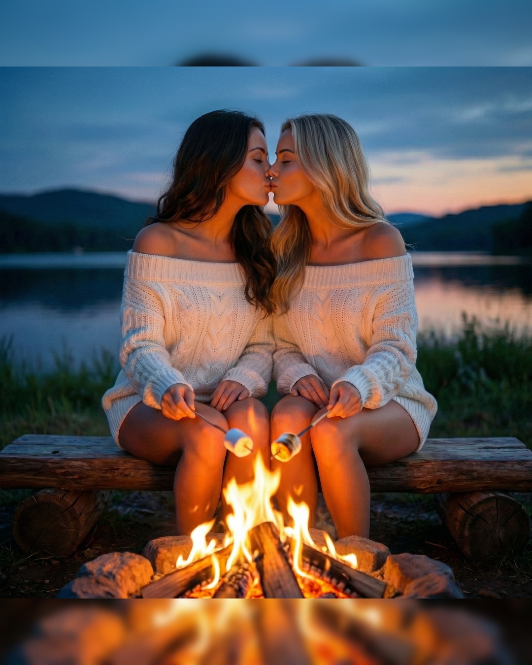 Lairissa Lee and Marcie Beau in cozy sweaters by a fire Table Top Lake at dusk sharing a quiet moment
